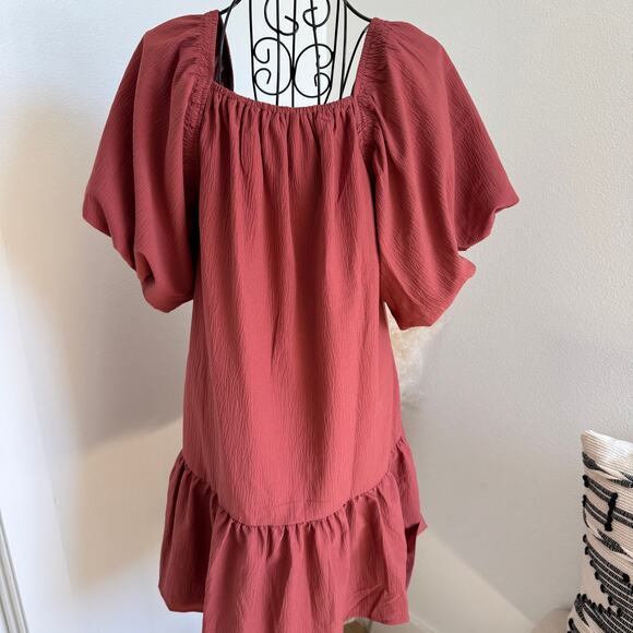 Entro Women’s Puff Sleeve Tiered Mini Dress Small Red Boho Casual Square Neck - Picture 3 of 11